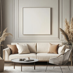 Elegant and Minimalist Living Room Mockup Featuring Neutral Tones, Center Focus on Blank Frame, Cozy Sofa with Cushions, and Tasteful Decor Accents