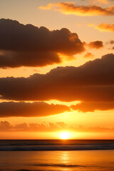 Fototapeta premium Sunset, Sky clouds over sea in the Evening with Orange, Yellow Gold sunlight in Golden hour and Dramatic fluffy, Horizon sea Summer sky landscape, Dusk sky background
