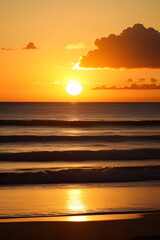 Fototapeta premium Sunset, Sky clouds over sea in the Evening with Orange, Yellow Gold sunlight in Golden hour and Dramatic fluffy, Horizon sea Summer sky landscape, Dusk sky background
