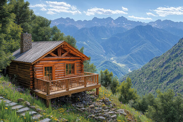 Solitary wooden cabin high in the mountains