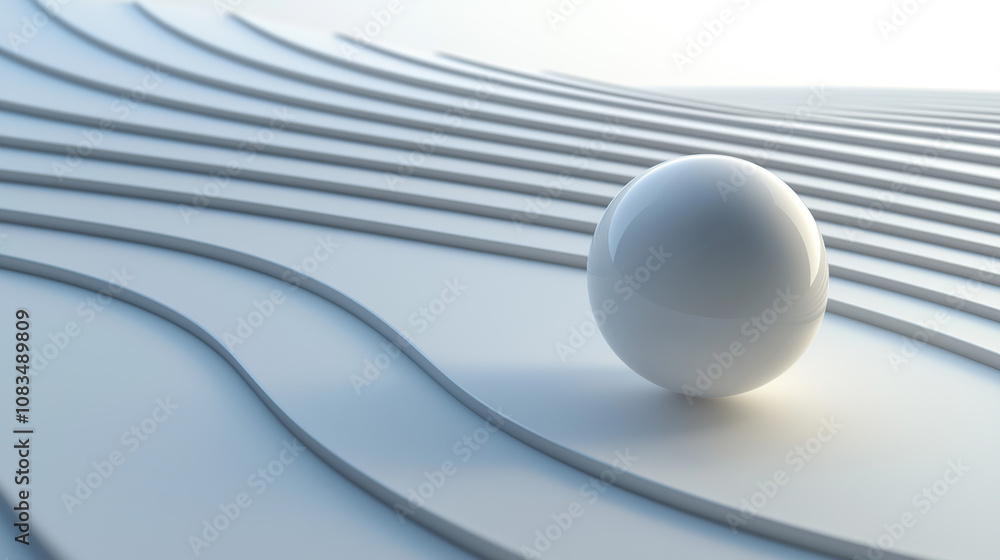 Poster 3d render of a white sphere rolling on a simple curved line path, with a minimalistic background and