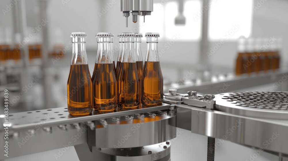 Poster automated bottling line filling glass bottles with amber liquid