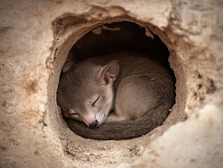 Obraz premium A small, sleeping animal curled up in a circular burrow, highlighting a peaceful moment in nature.