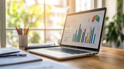 Modern workspace featuring a laptop, colorful graphs, and office supplies for a productive environment