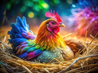 Fototapeta premium Vibrant Hen in Nest - Surreal Farm Photography Capturing Colorful Feathers Against a Tranquil Background