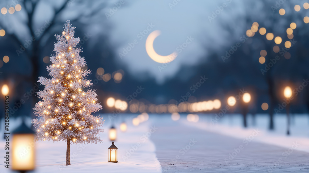 Poster glittering tree stands beside snowy path, illuminated by soft lanterns and crescent moon in backgrou