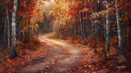 Obraz premium Autumnal path winding through a vibrant forest.