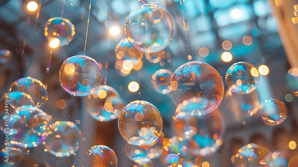 Poster cascade of shiny soap bubbles floating through bright space, creating whimsical atmosphere filled wi