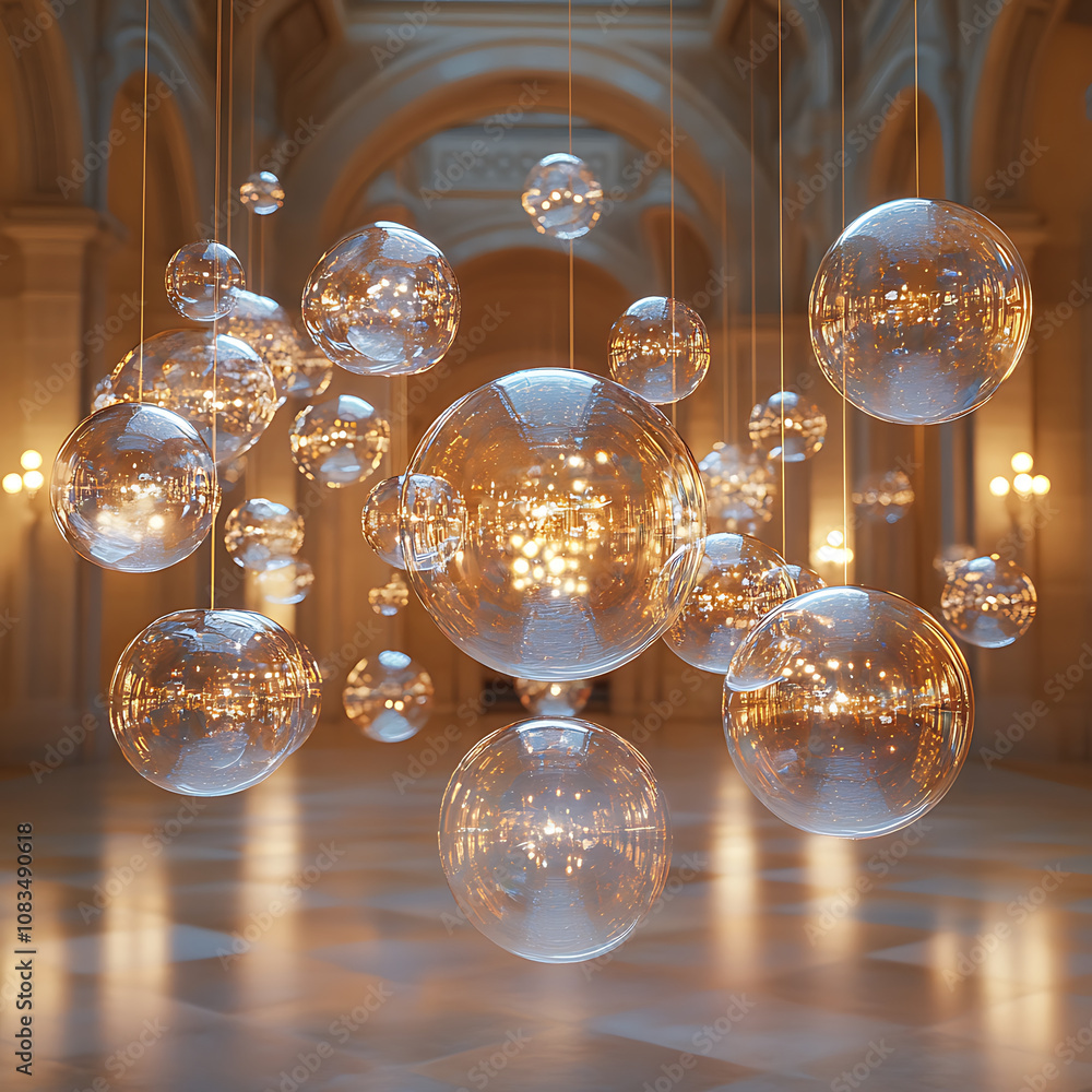 Poster cascade of shiny soap bubbles floating through grand hall, reflecting light and creating magical atm