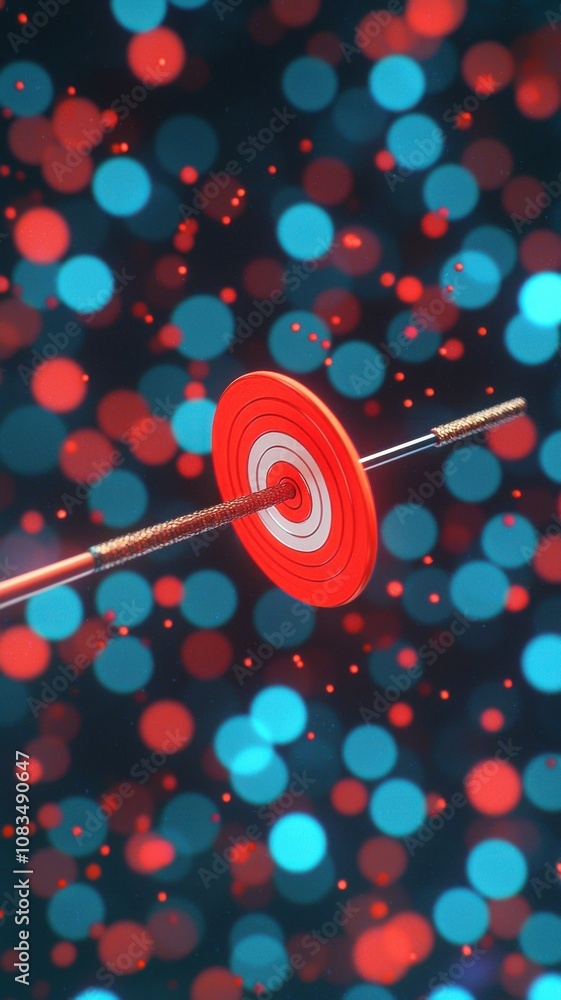 Poster a bright, abstract image featuring a dartboard at the center, surrounded by a vibrant bokeh of red a