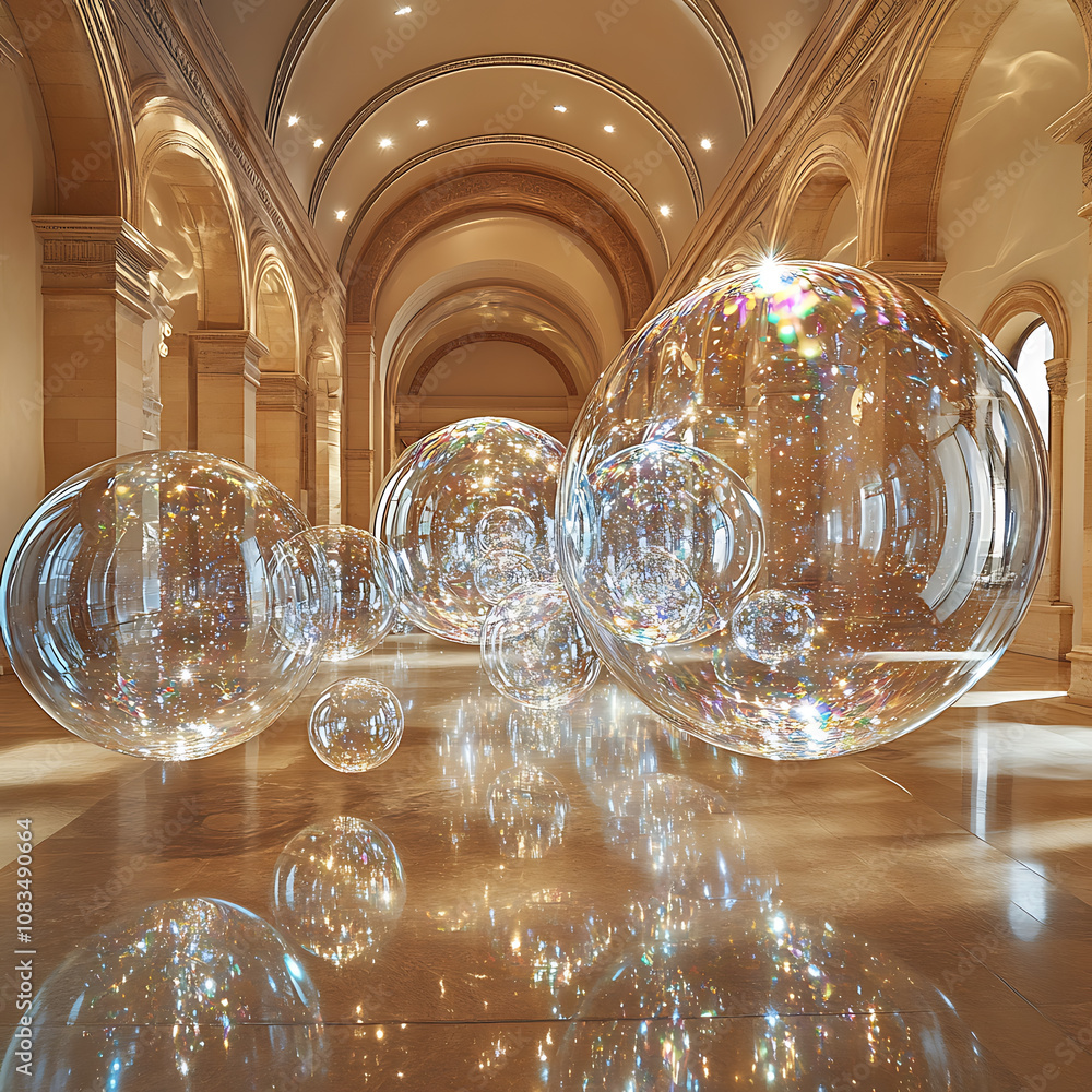 Poster cascade of shiny soap bubbles floating through grand hall, reflecting light and creating magical atm