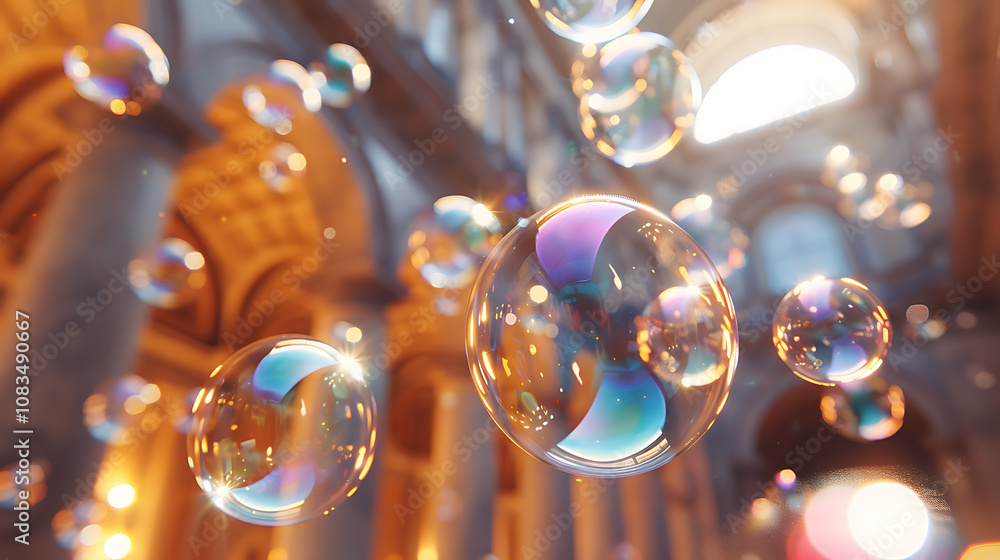 Poster cascade of shiny soap bubbles floating through grand architectural space, reflecting light and color