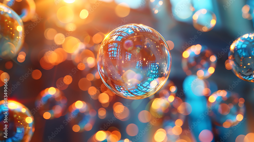 Poster cascade of shiny soap bubbles floating through vibrant atmosphere, reflecting light and colors, crea