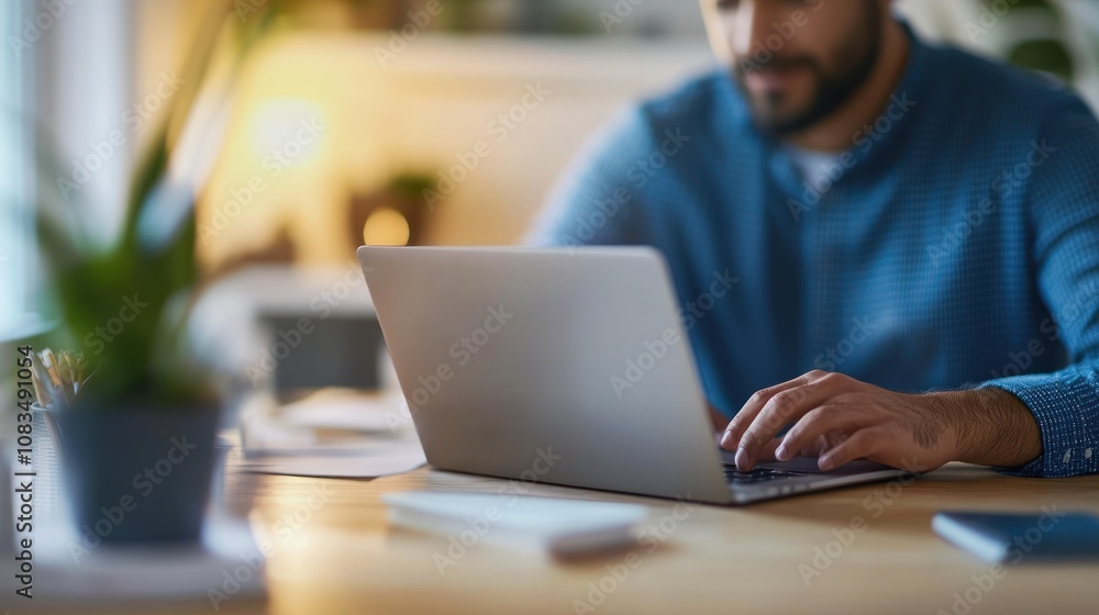 Poster man working on a laptop at a desk with a plant in the background