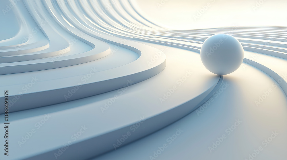 Poster 3d render of a white sphere rolling on a simple curved line path, with a minimalistic background and