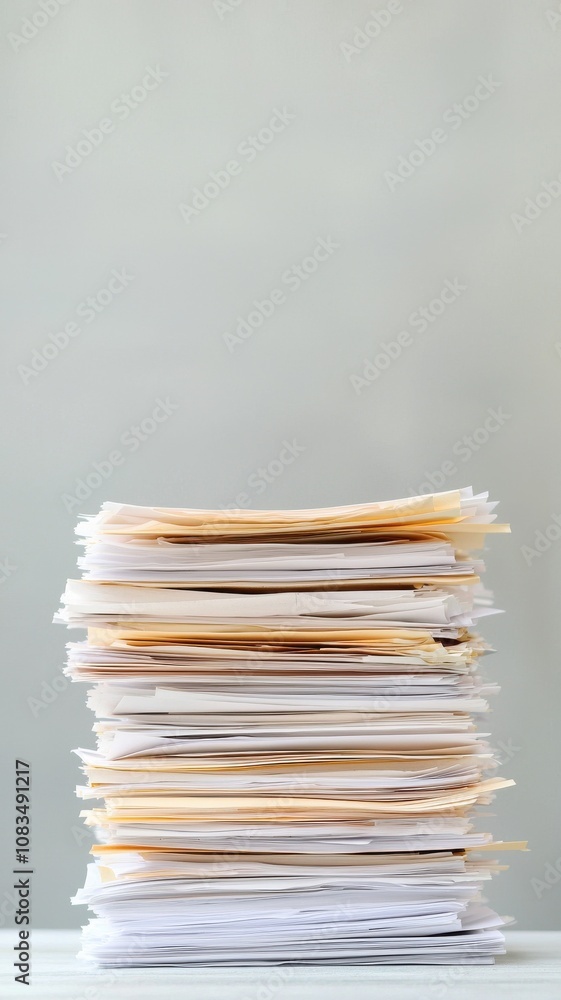 Poster a neatly stacked pile of various papers, showcasing different textures and colors, set against a sim
