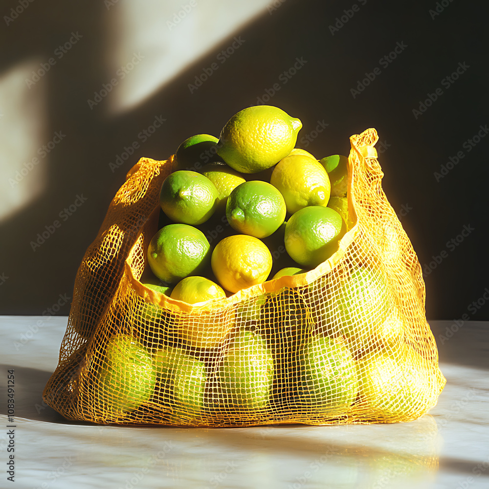 Poster yellow net bag filled with fresh green limes and lemons on table, creating vibrant and refreshing di