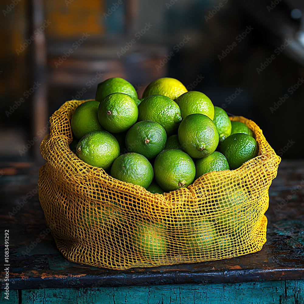 Poster fresh green limes in yellow net bag on rustic table, creating vibrant and inviting scene. perfect fo