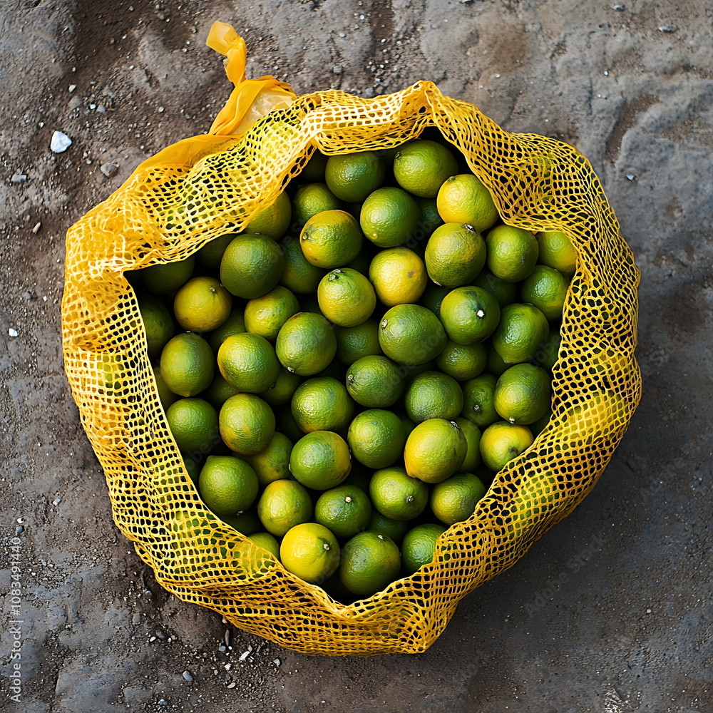 Poster fresh green limes in yellow net bag, resting on textured surface, create vibrant and inviting scene.