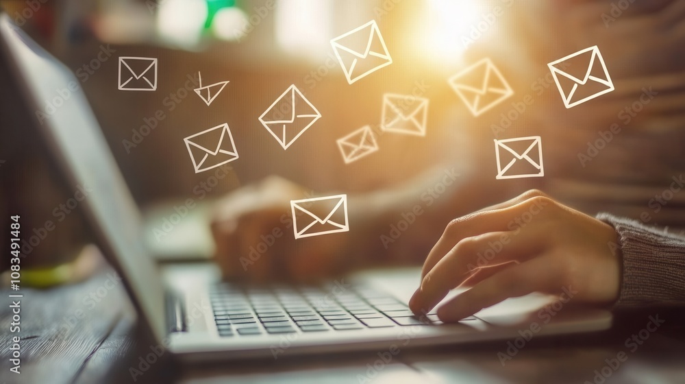 Poster a person types on a laptop with animated mail icons floating above, symbolizing email communication 