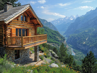 Mountain-top wooden cabin with wide veranda
