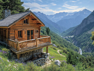 Mountain-top wooden cabin with wide veranda