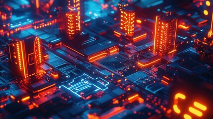 A vibrant digital landscape featuring glowing blue and orange structures, resembling a futuristic city built on a circuit board.