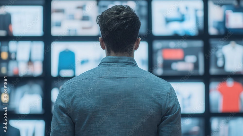 Poster a person stands in front of multiple screens displaying various images, creating a modern, tech-savv