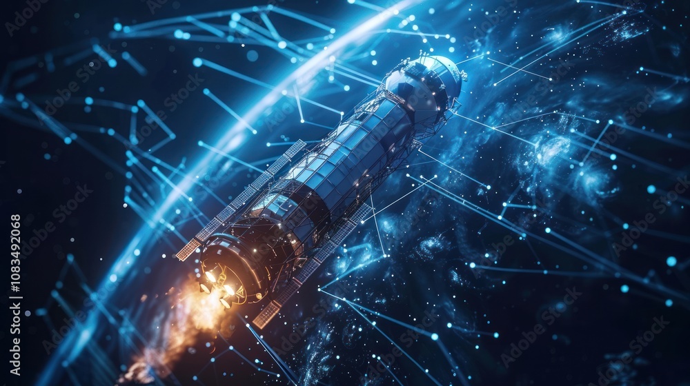 Poster a spacecraft launches from earth surrounded by a network of interconnected lines representing global