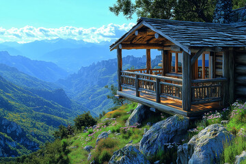 Secluded wooden cabin on a steep mountain