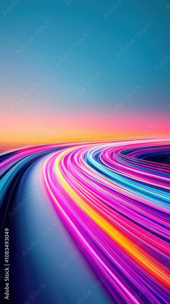 Poster a vibrant and dynamic abstract image featuring streaks of colorful light against a gradient sky, evo