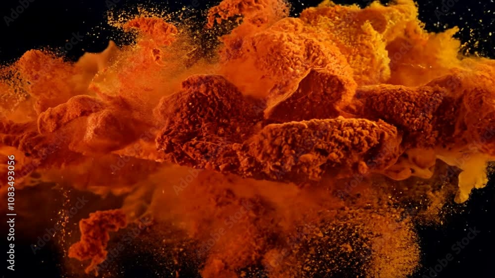 Poster vibrant orange powder explosion showcases dynamic textures and colors, creating artistic and abstrac