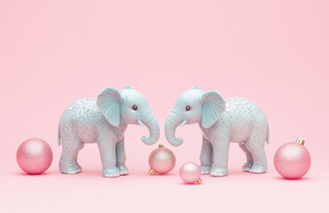 Pastel Blue Elephants with Christmas Baubles on Pink Background  .