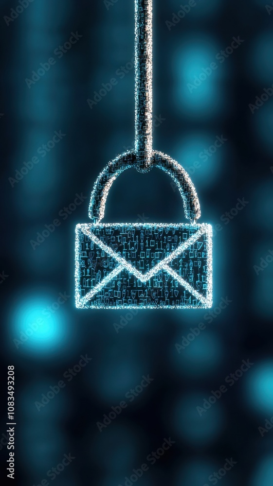 Poster a digitally rendered image of an email envelope symbol enclosed by a glowing padlock, representing d