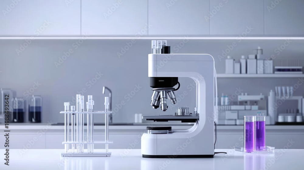 Poster modern laboratory with a microscope and test tubes for experiments.