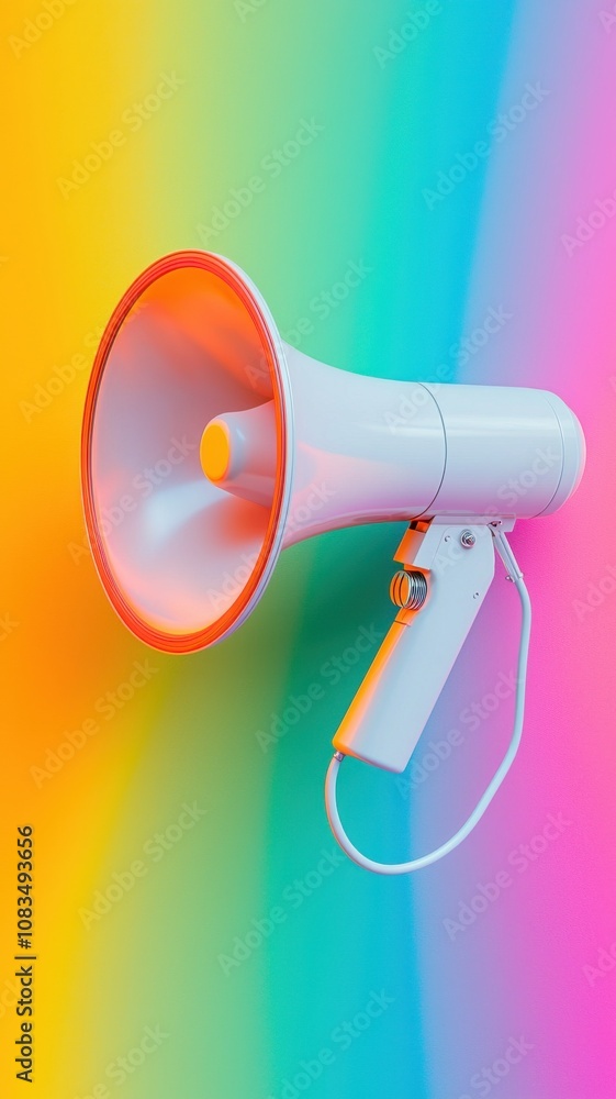 Poster a white megaphone is depicted against a vibrant gradient background, combining colors that create a 