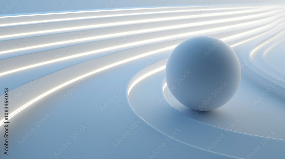 Poster 3d render of a white sphere rolling on a simple curved line path, with a minimalistic background and