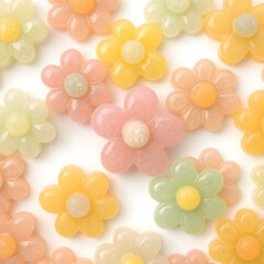 Obraz premium A playful arrangement of flower-shaped jelly candies in springtime pastel colors, isolated on white