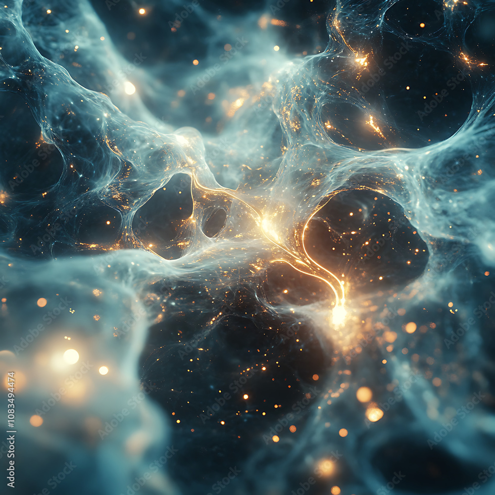 Poster mesmerizing abstract representation of cosmic energy, featuring glowing particles and intricate patt