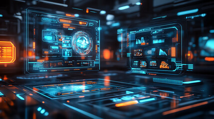 Obraz premium Illustrate a futuristic marketplace with floating holographic displays showcasing various products Emphasize the innovative vendor management system with sleek, digital interfaces