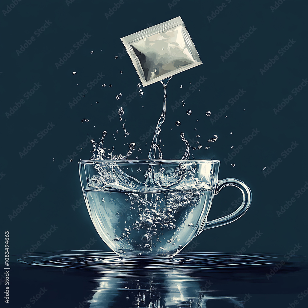 Poster transparent cup splashes water as packet drops into it, creating dynamic ripples. scene captures ref