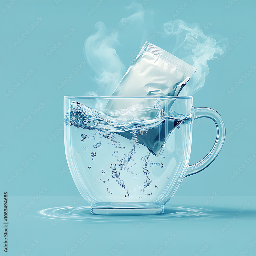 Poster transparent cup filled with water splashes as packet is submerged, creating dynamic scene. vibrant b