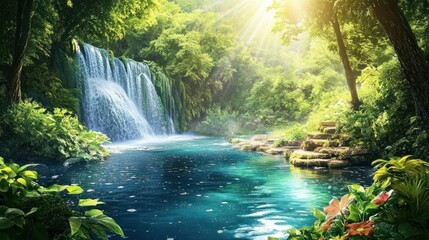 Tranquil waterfall cascading into a serene pool surrounded by lush greenery and sunlight streaming through the trees.