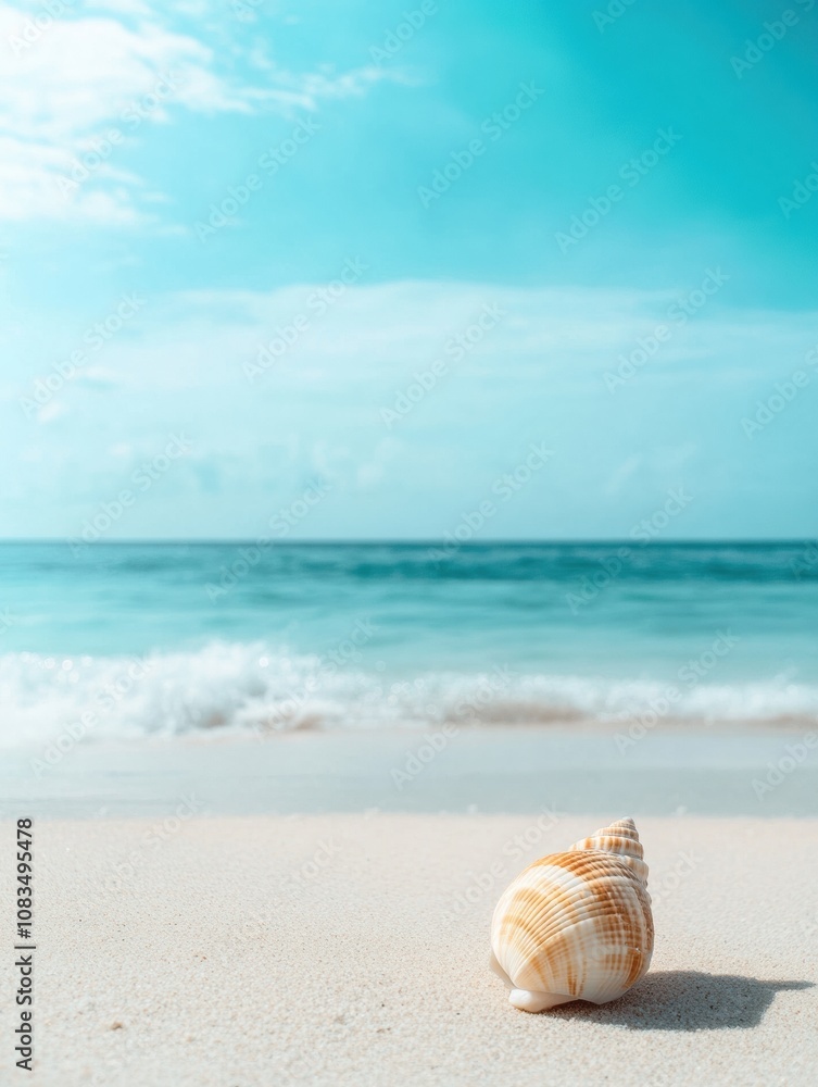 Poster a tranquil sandy beach features a solitary seashell lying on the shore, as gentle waves lap at the s