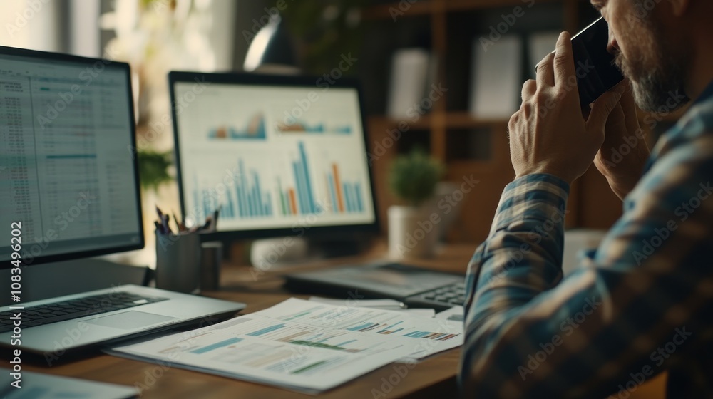 Poster Bearded Man Drinks Coffee While Working with Spreadsheets and Graphs
