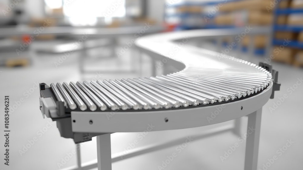 Poster modern curved roller conveyor system transporting numerous metallic rods in a factory.