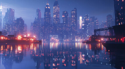 Fototapeta premium Cityscapes and reflections on the water at dusk during the Christmas and New Year festivals.