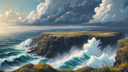 Fototapeta premium Dramatic coastal cliffs, ocean waves crash.