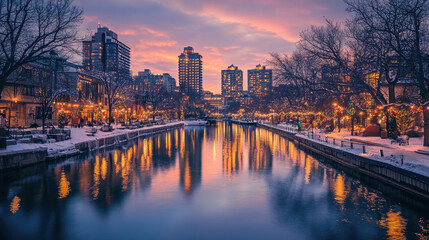 Fototapeta premium Cityscapes and reflections on the water at dusk during the Christmas and New Year festivals.