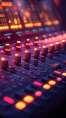 Fototapeta premium Illuminated Audio Mixer Controls with Red and Orange Lights